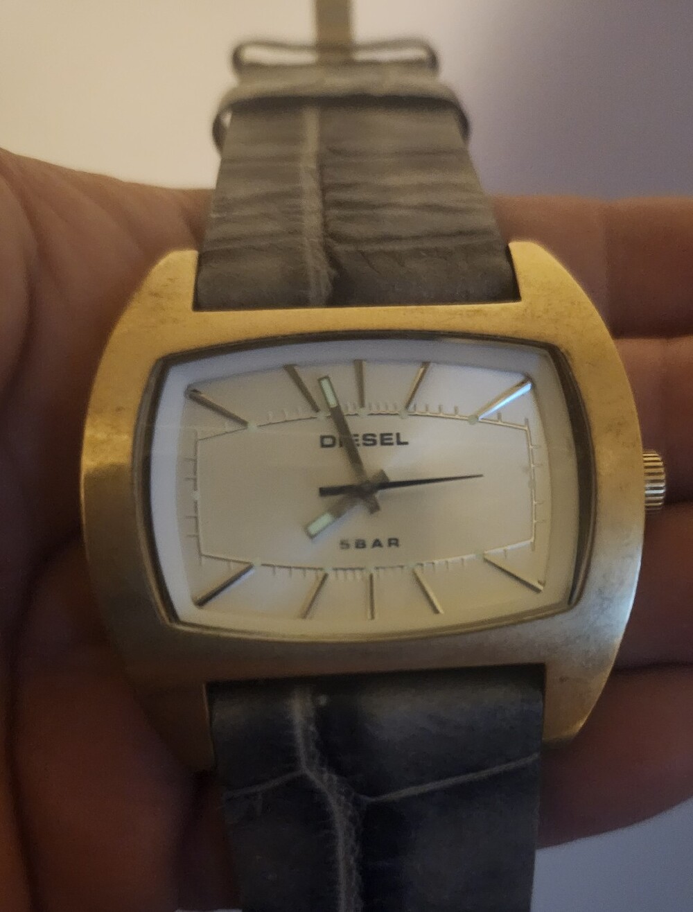 Diesel DZ2133 Watch Gold-Tone Case Grey Blue Alligator Leather Strap New Battery